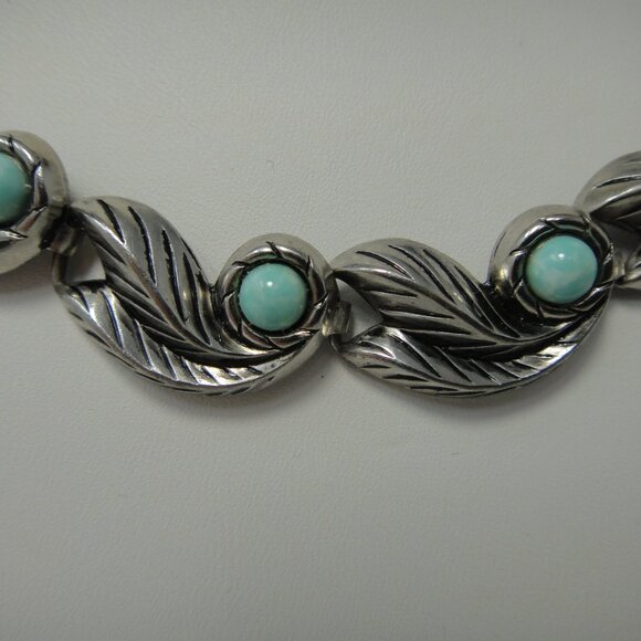 Necklace Blue Faux Turquoise Silver Tone Leaves Choker 16.5" - Picture 3 of 11